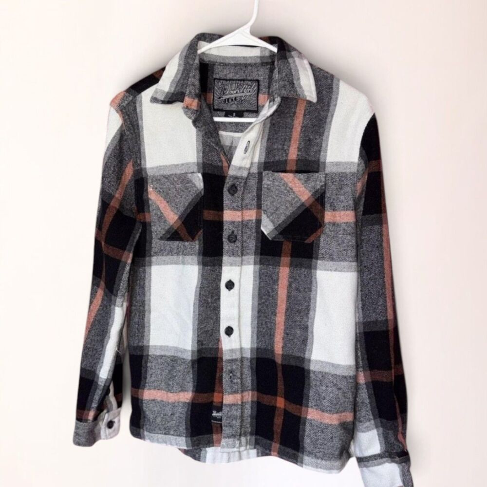 Brooklyn Cloth Flannel Shirt Womens Small Plaid Black Gray Button Up Streetwear